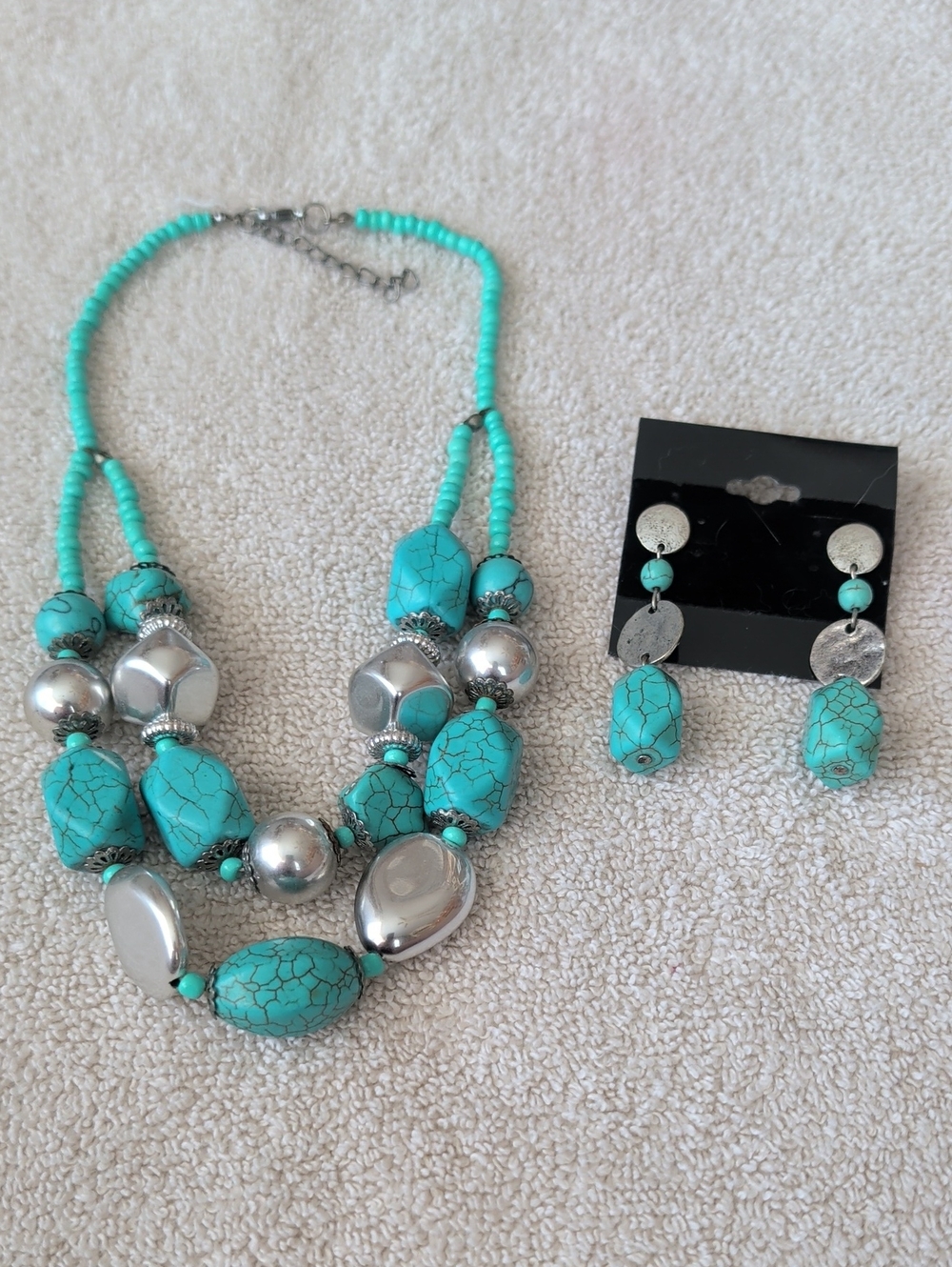 Turquoise Stone and Silver Bead Necklace with Matching Earrings
